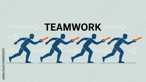 Illustration of four runners passing a baton with the word teamwork and arrows indicating motion