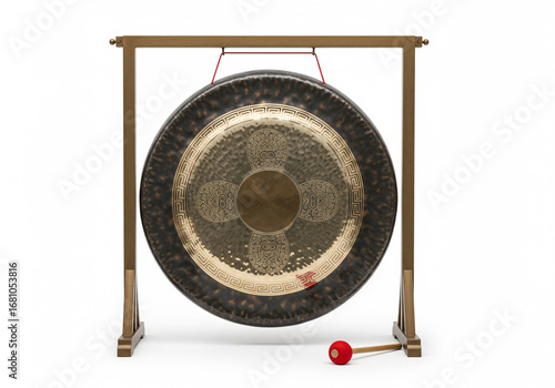 A majestic traditional bronze percussion gong hanging from a wooden stand with a mallet, isolated on a white background for musical concepts