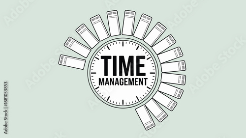 A clock face with time management text surrounded by stacks of books on a light green background