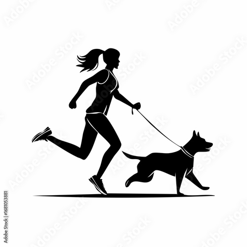 Woman Running With Dog Silhouette vector isolated on white background.