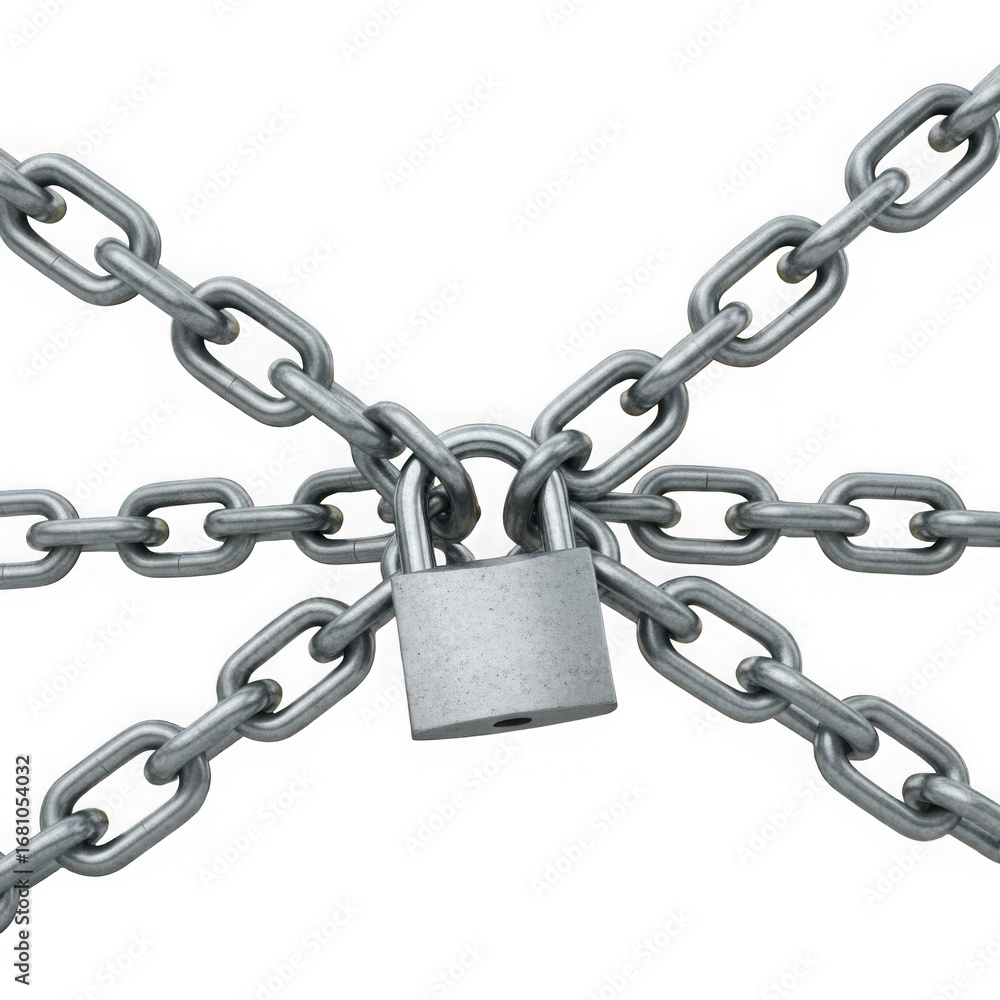 Fototapeta premium Metal chains crisscrossed and secured with a padlock isolated on transparent background