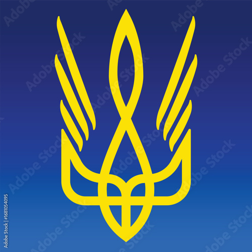 Golden Trident with Wings. Elegant golden Ukrainian trident symbol with stylized wings on blue background representing freedom spirit independence and hope