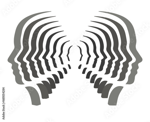 Optical Illusion Faces. Creative optical illusion artwork showing repeating human head silhouettes in grayscale converging toward center symbolizing thought unity and perception