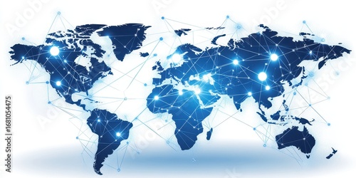 Blue Digital World Map with Connected Nodes and Lines on White Background global network