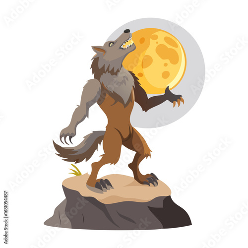 Cartoon werewolf howling at the moon on halloween