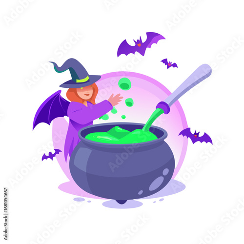 A witch is brewing a potion in a cauldron with bats