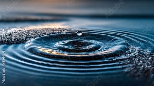 Droplet impacting surface creates ripples in blue water with sandy beach and horizon in the background.