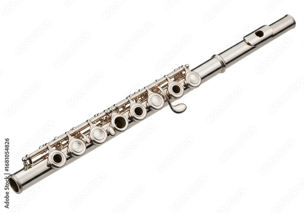Fototapeta premium A beautiful silver concert flute, a classical woodwind instrument for orchestral music, isolated on a pure white background