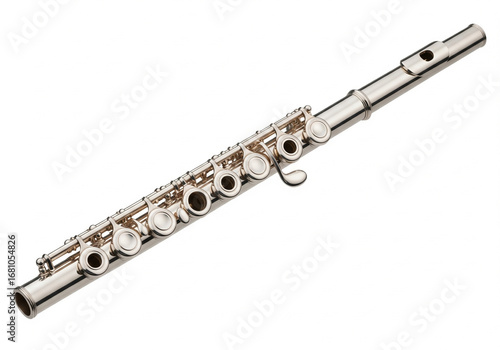 A beautiful silver concert flute, a classical woodwind instrument for orchestral music, isolated on a pure white background