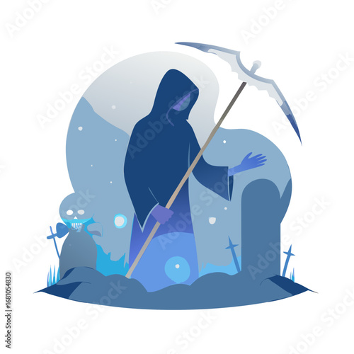 Grim reaper with scythe standing near a grave