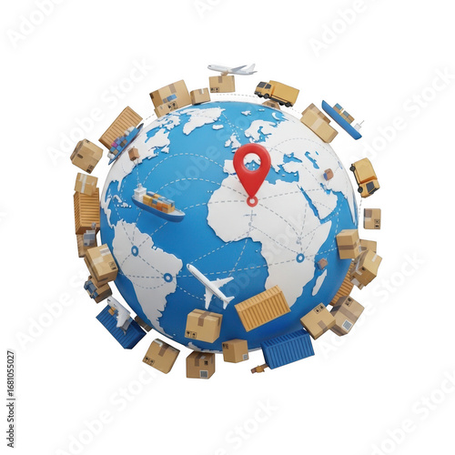Global shipping and logistics earth surrounded by packages airplanes and ships transparent background