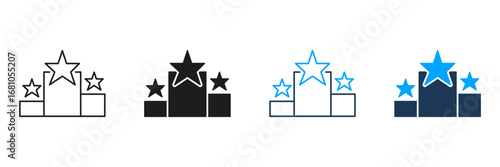 Podium With Stars Line And Solid Icon Set. Achievement, Success, And Award Recognition Symbol Collection. Competition And Victory Representation. Isolated Vector Illustration