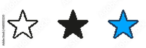 Pixelated Star Icon Set. Five Pointed Star in Retro Pixel Art Style. Achievement and Rating Symbol. Isolated Vector Illustration