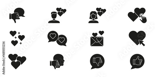 Heart And Interaction Line And Solid Icon Set. Social Media Engagement, Communication, And Feedback Silhouette Symbol Collection. Love, Like, And Dislike Icons. Isolated Vector Illustration
