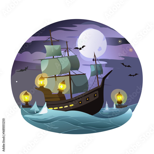 A spooky ship sailing on the sea at night with bats flying in the moonlight