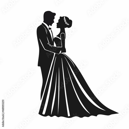 Silhouette of a bride and groom in a wedding dress image vector isolated on white background.