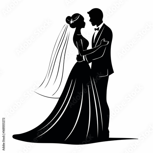 Silhouette of a bride and groom in a wedding dress image vector isolated on white background.