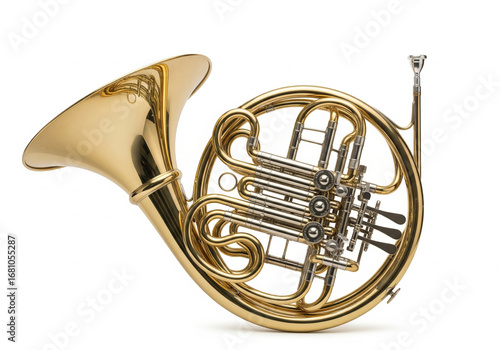 The elegant coiled tubing and brilliant bell of a brass French horn, a classical symphony instrument isolated on white