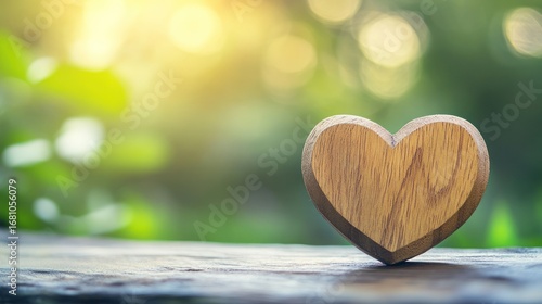Wooden heart on wooden surface, nature background, calm, peace, inspiration, use for love, wellness, mindfulness