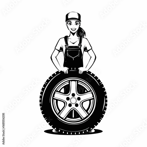Full length portrait of a car mechanic holding a tire image vector isolated on white background.