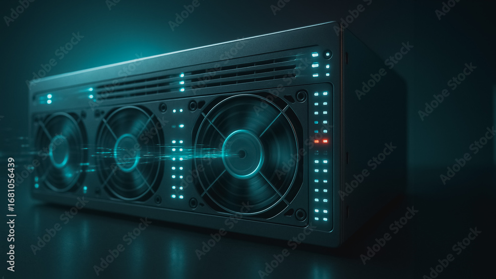 Fototapeta premium Innovation's Cool Pulse: A cutting-edge, digital device's sleek design in the shadows, highlighted by vibrant turquoise light.