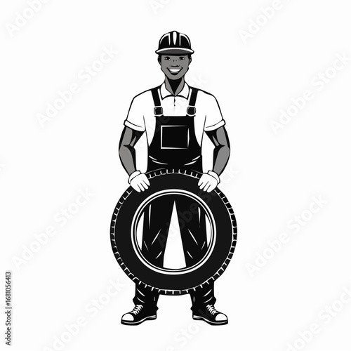 Full length portrait of a car mechanic holding a tire image vector isolated on white background.