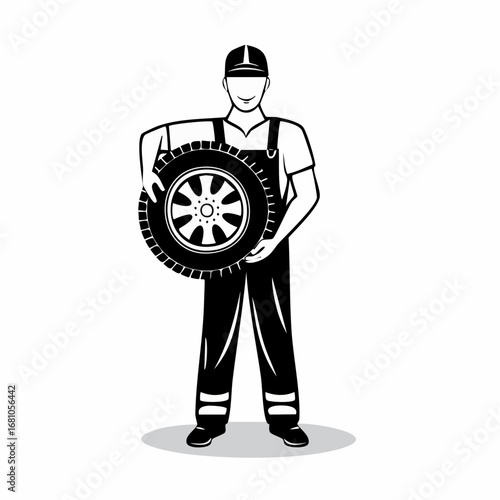 Full length portrait of a car mechanic holding a tire image vector isolated on white background.