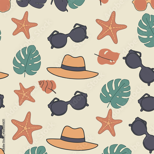 Turquoise, yellow, and coral hues define this seamless flat minimal vector pattern, showcasing chic sunglasses, a straw hat, starfish, and monstera leaves for a vibrant summer feel.