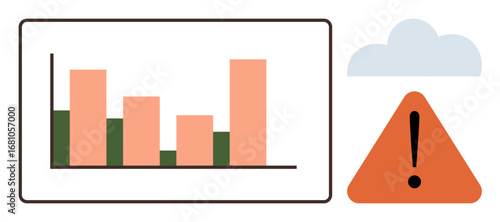 Bar chart representation with rising trends, orange warning triangle, and cloud icon. Ideal for business analysis, risk management, data trends, hazard warning, predictive analytics, data evaluation