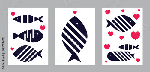 Interior poster with fish and love. Cute set. Vector illustration