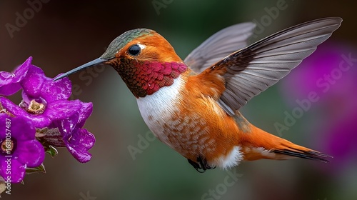 A beautiful rufous hummingbird sips nectar from vibrant purple flowers in natural daylight on blurred background.