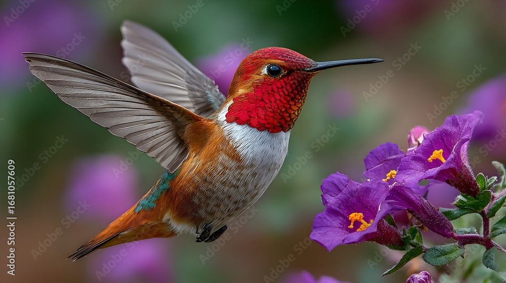 Fototapeta premium A rufous hummingbird with its vibrant red head hovers near purple flowers sipping nectar in nature's beauty.