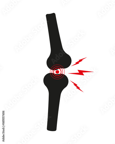 Knee joint pain icon. Silhouette with red inflammation symbols. Medical anatomy illustration for arthritis, injury, or orthopedic concepts.