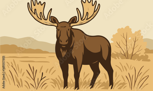 Bull Moose in Autumn Field, vector, illustration, cartoon, nature