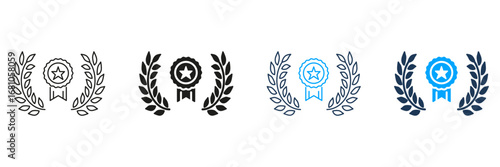 Award Ribbon With Laurel Wreath Line And Solid Icon Set. Achievement, Excellence, And Recognition Symbol Collection. Honor And Success Representation. Isolated Vector Illustration