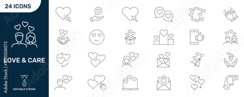 Love And Care Icon Set. Relationship, Communication, And Emotional Connection Outline Symbol Collection. Social Media Interaction And Support. Editable Stroke. Isolated Vector Illustration
