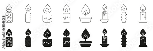 Candle Line And Solid Icon Set. Decorative And Aromatic Candle Collection For Home Decor And Relaxation. Various Candle Designs For Ambiance And Mood Setting. Isolated Vector Illustration