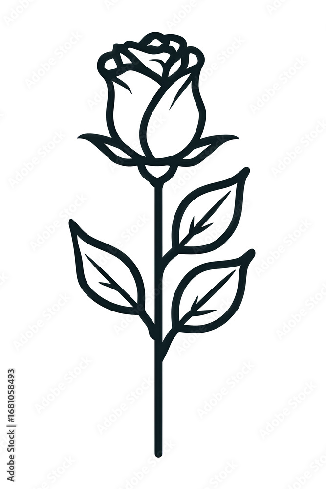 Obraz premium Minimal line drawing of a rose bud on stem with leaves, clean vertical style, isolated on transparent background. 