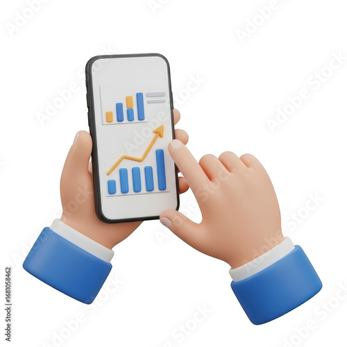 Hands holding smartphone displaying financial growth charts and analytics data transparent background