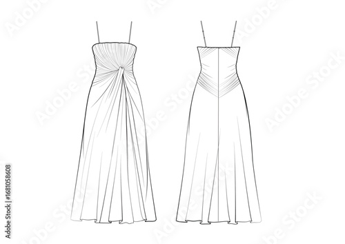 Women Ruched and Pleated Details Drapery Cocktail Evening Party Dress, Front & Back view, fashion flat sketch, Editable Flat Technical Drawings Illustration, Dress Mockup, dress CAD
