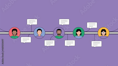Illustration of diverse people connected with lines and speech bubbles on a purple background color