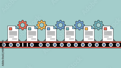 Documents and gears on a conveyor belt symbolizing automated data processing and workflow optimization