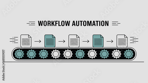 Workflow automation concept with documents on a conveyor belt and gears in a flat vector design style