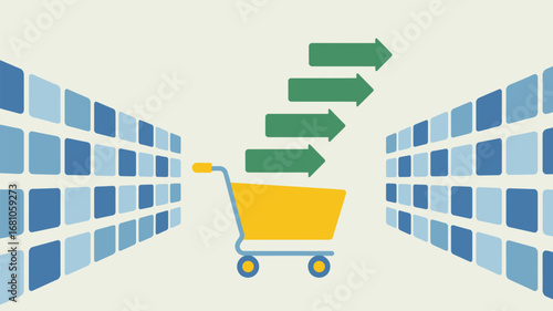 A yellow shopping cart with blue wheels and green arrows pointing right between blue tile walls