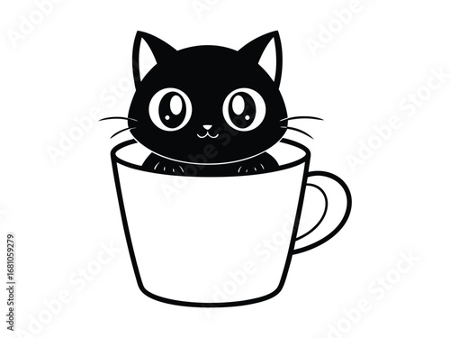 Minimalist Cute Cat Sitting Inside a Coffee Cup Silhouette Black and White Clipart