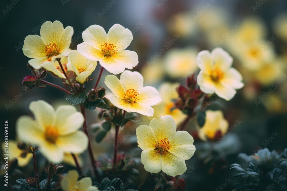 Fototapeta premium Blurred background highlights pale yellow flowers of Potentilla Primrose Beauty