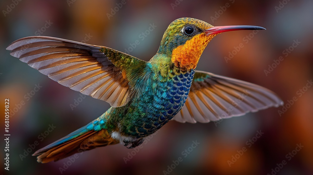 Obraz premium Colorful hummingbird with outstretched wings hove in flight against a blurred nature background scene.