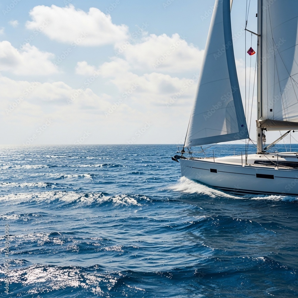 Obraz premium Sailboat on the Open Ocean Under a Partly Cloudy Sky.