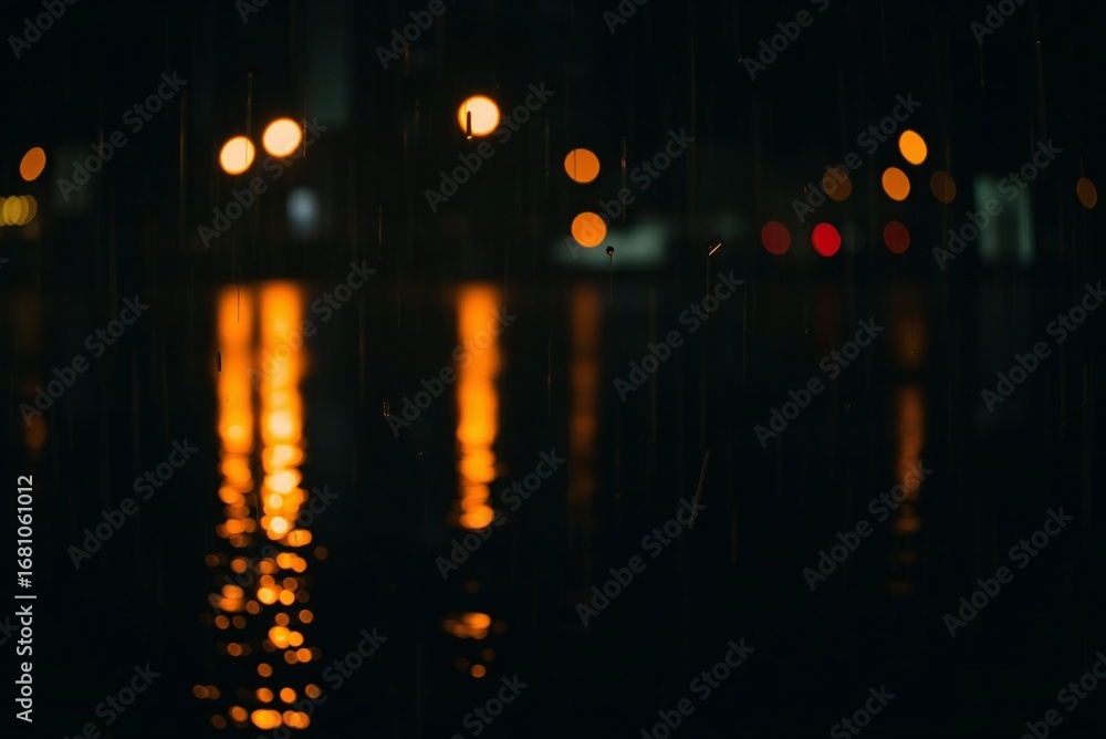 Obraz premium Dark Abstract Water Reflection with Orange Lights and Rain
