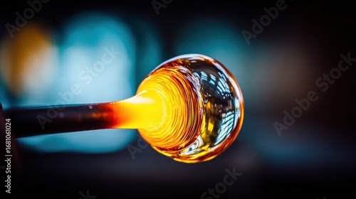 Glowing molten glass, shaped on a blowpipe, in a glassblowing process.